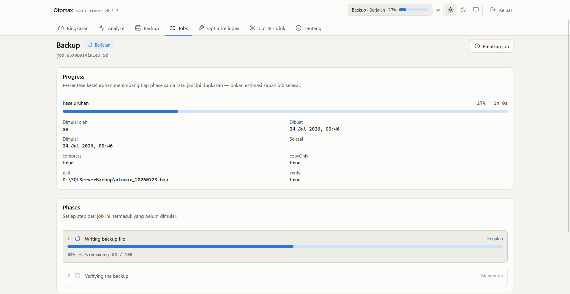 Progress backup terpantau secara realtime